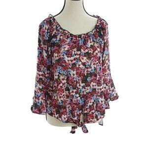 BCX Floral Blouse Flowy Pink 3/4 Bell Sleeve Elastic Neckline Womens Size S